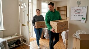 Couple packing moving boxes in UK living room