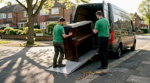Movers loading piano into truck on street