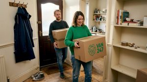 Couple carrying boxes in UK hallway