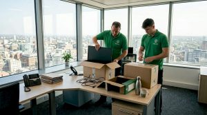 Office removal team unpacking computers and boxes