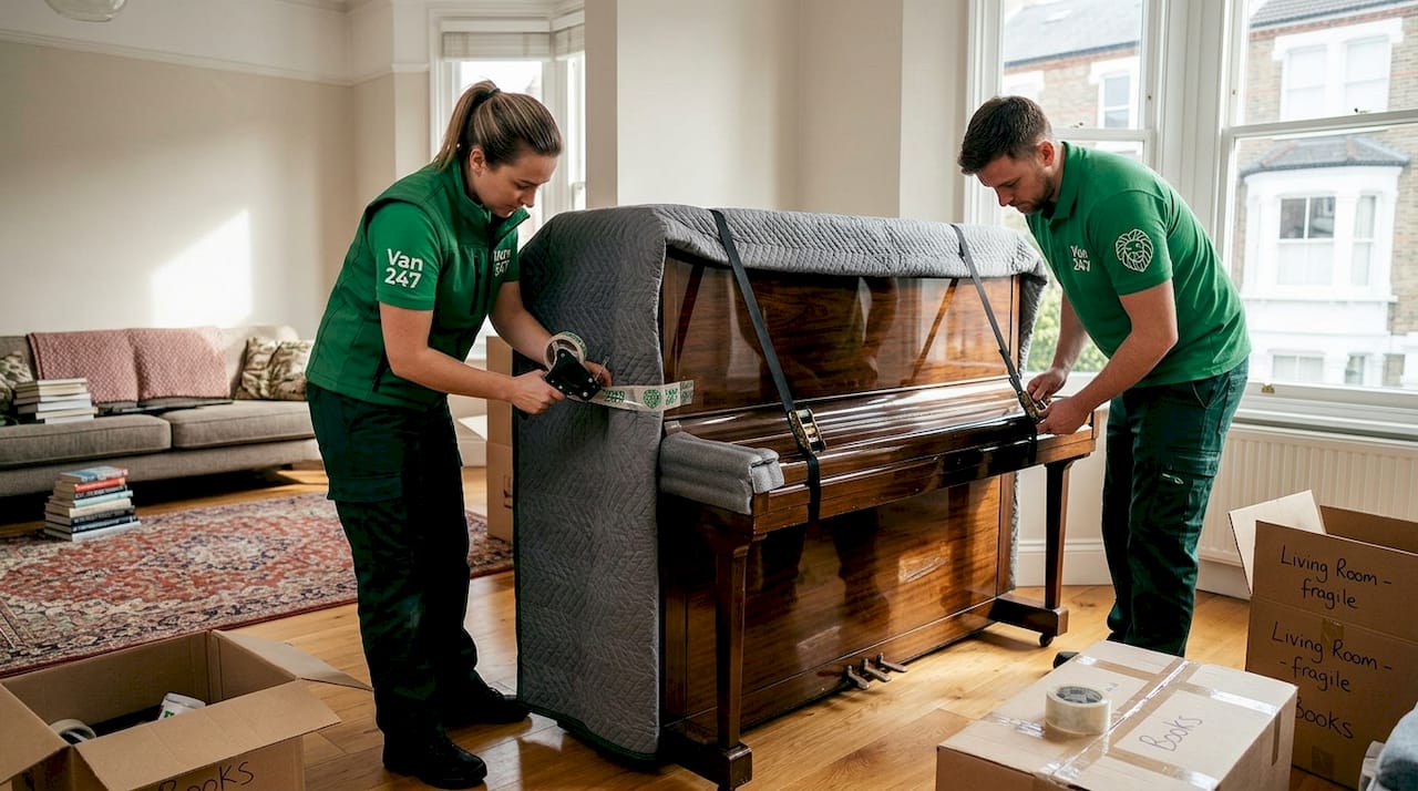 Specialist movers preparing upright piano for moving