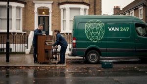 Movers handling piano outside London home