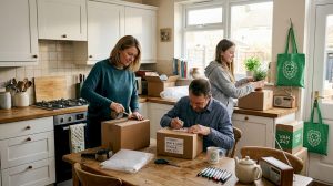 Family packing boxes in UK living room