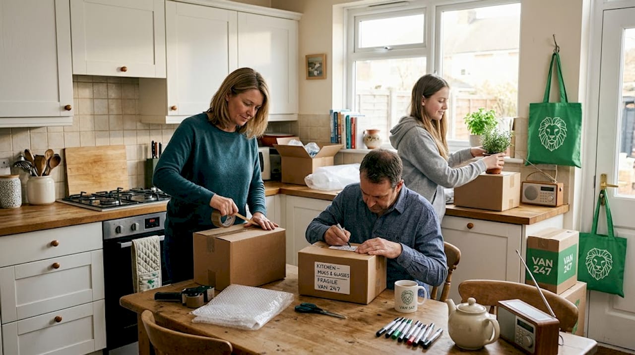 Family packing boxes in UK living room