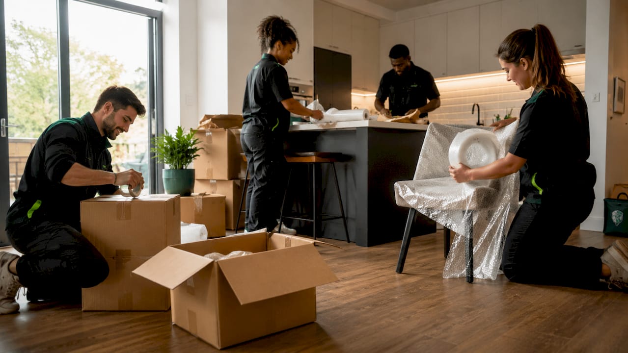 Professional movers packing furniture in UK home