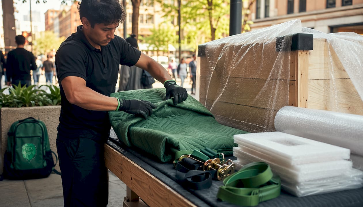 Close-up of packing large item with protective materials