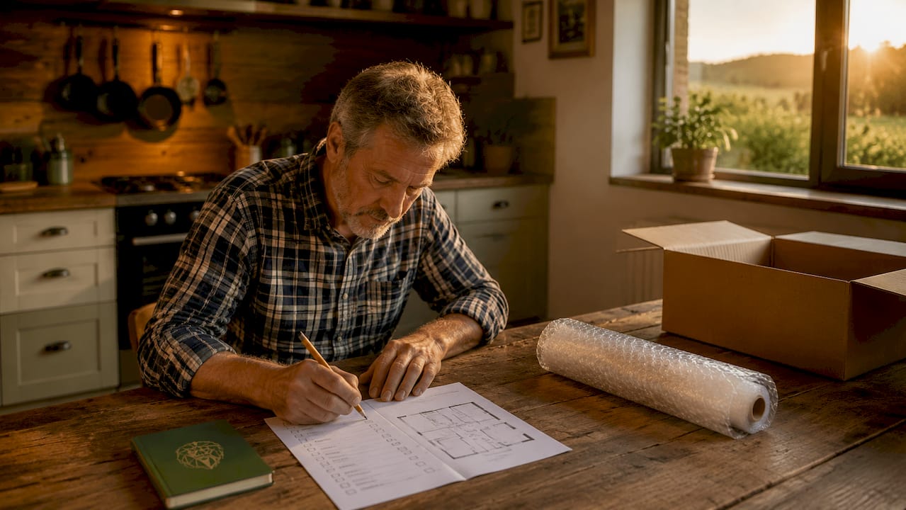 Hands marking packing checklist in home office
