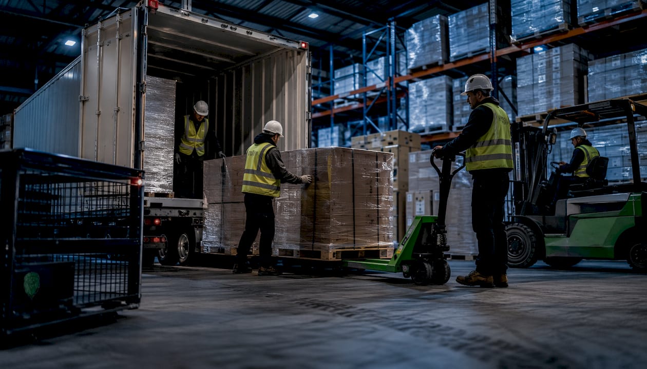 Warehouse workers unloading pallets at UK hub at night
