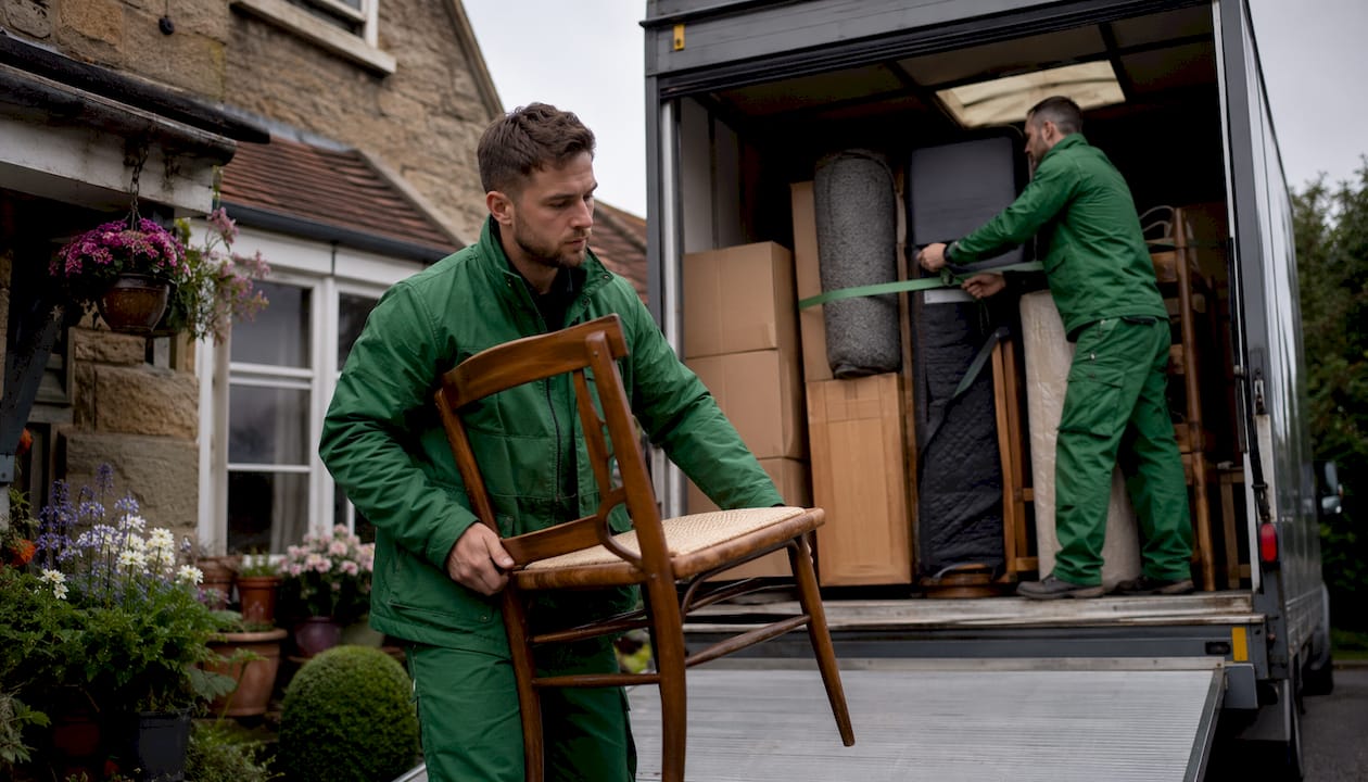 Movers loading and securing furniture in moving truck