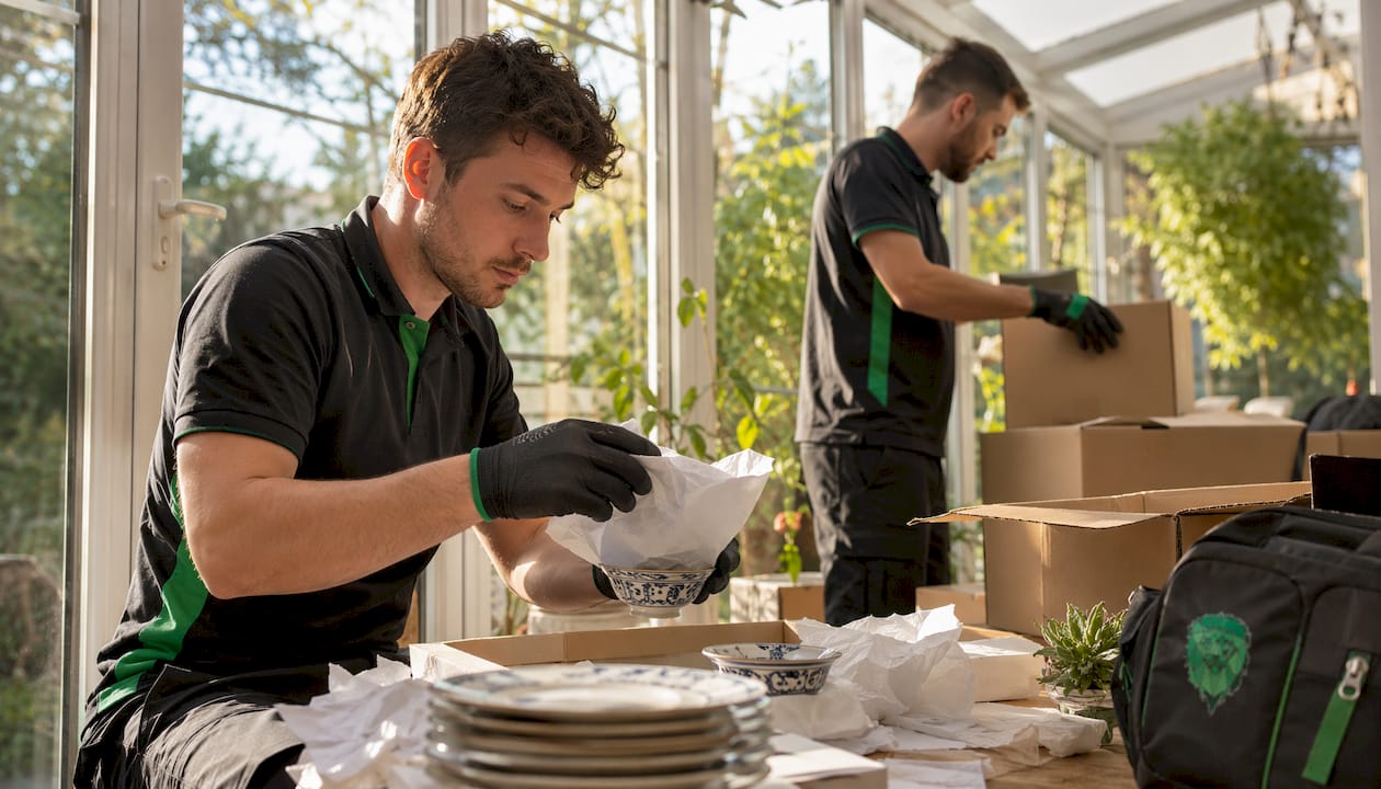 Movers professionally packing fragile kitchen items