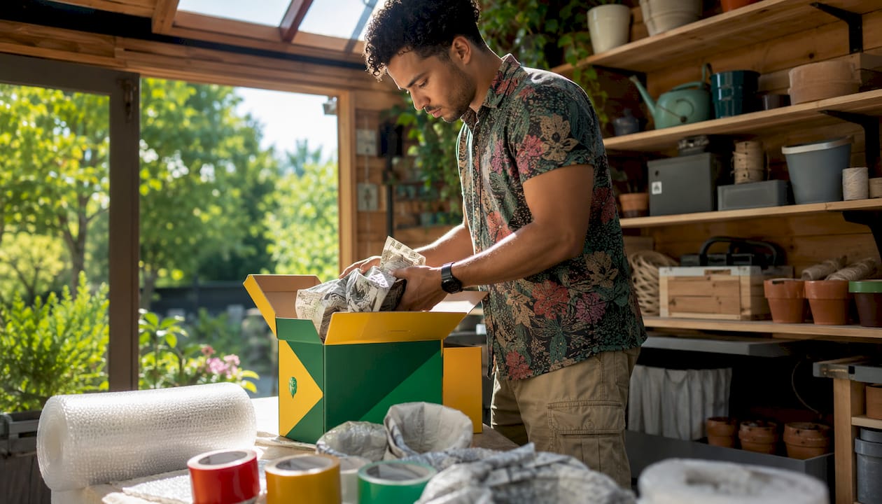 Man packing dishes efficiently with tape