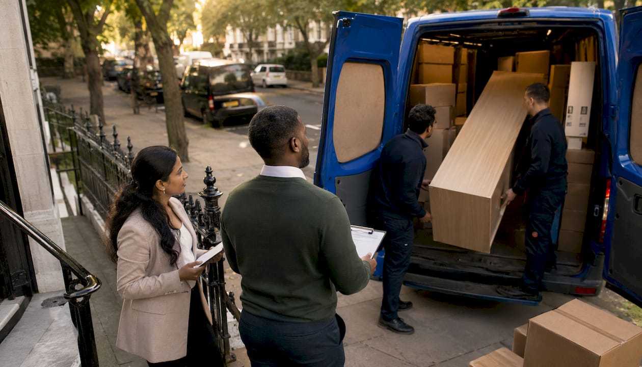 Couple overseeing loaders moving furniture