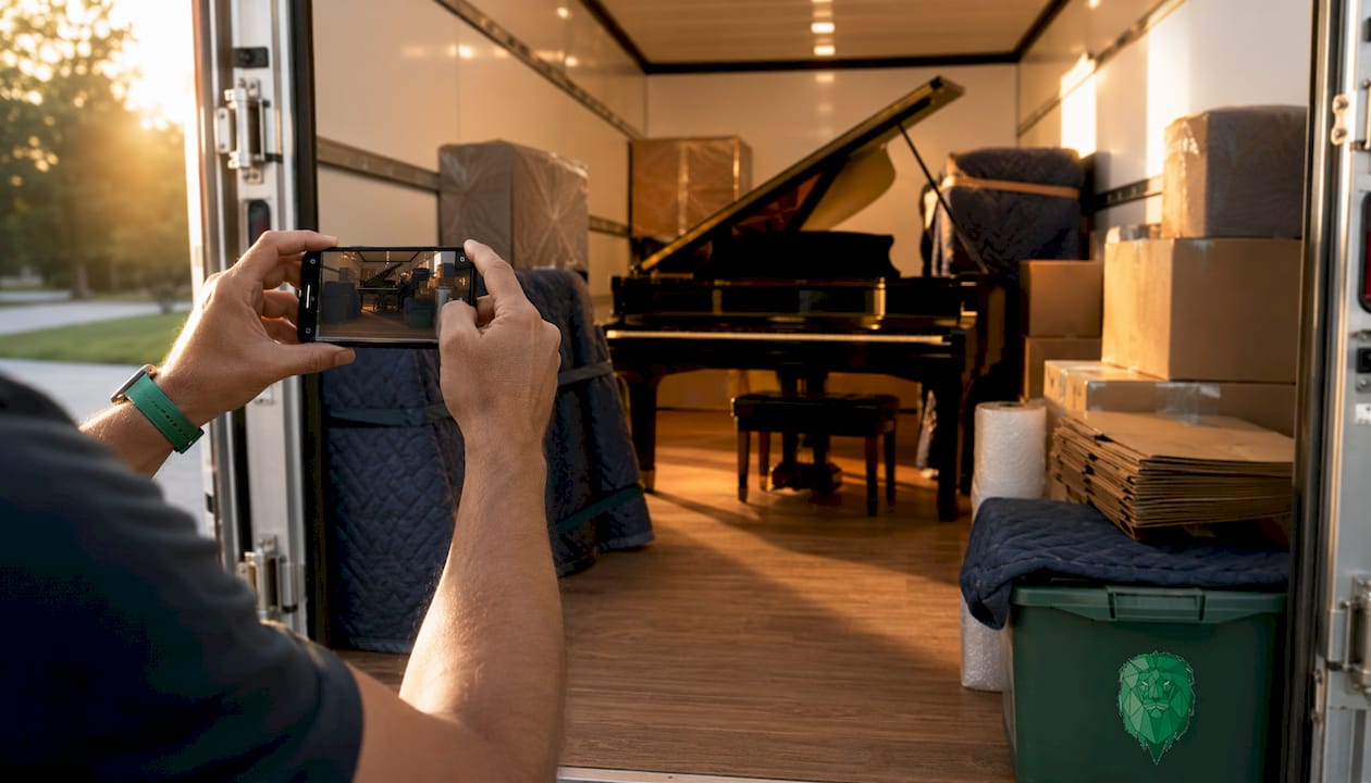 how to insure transported items? Hands photographing packed items in moving van