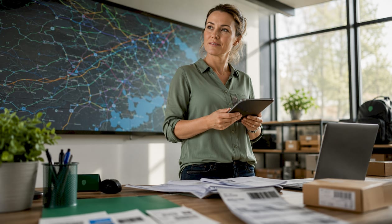 Operations manager monitoring delivery routes in office