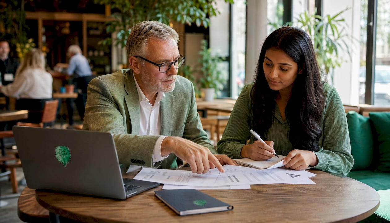 Two people reviewing costs