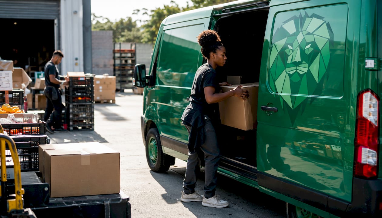Woman loading box into small panel van