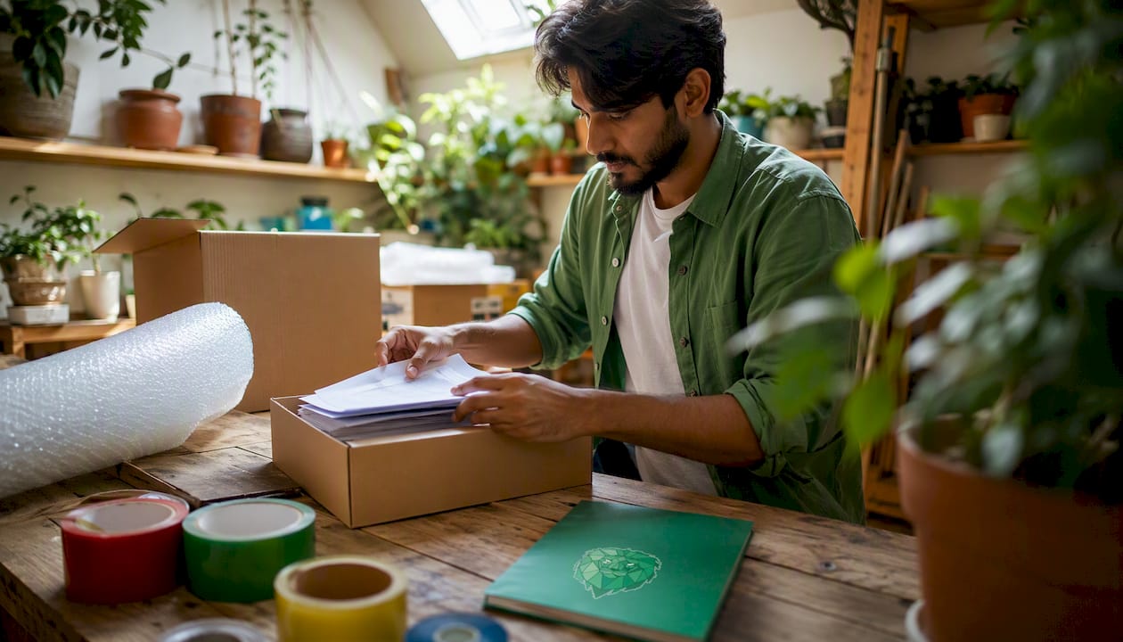 Man packing documents in home office