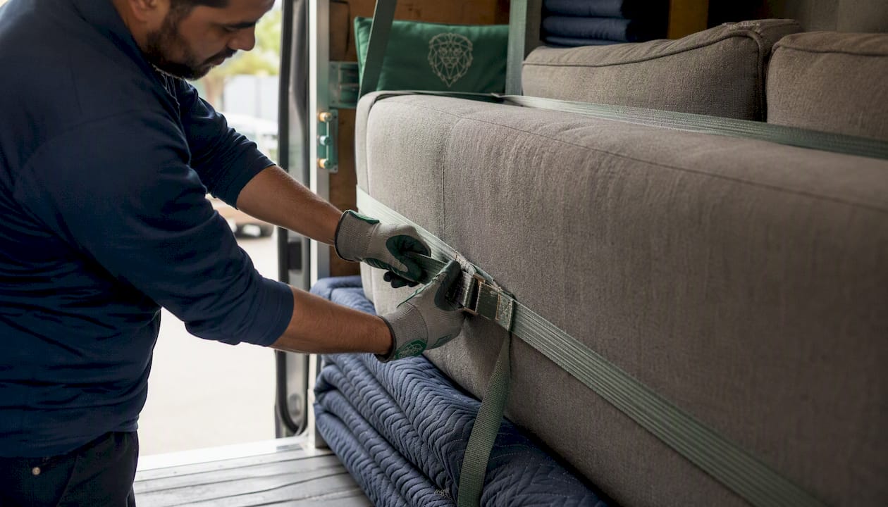 Mover strapping sofa securely in van