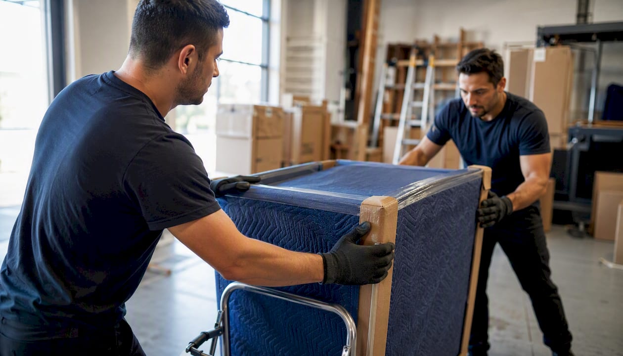 Movers loading large furniture for courier