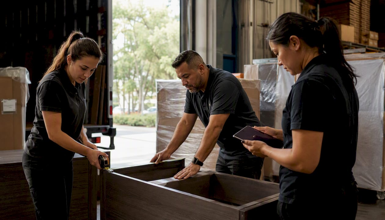 Team measuring furniture for freight loading