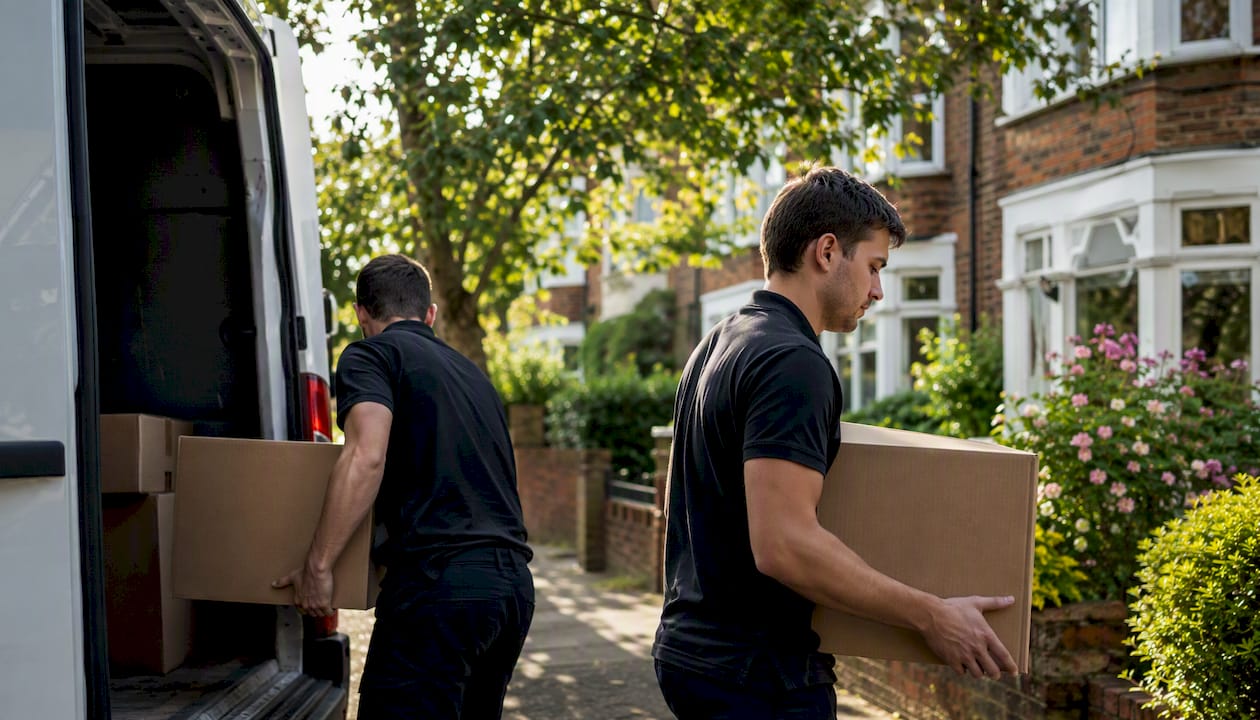 Removal workers loading boxes into van