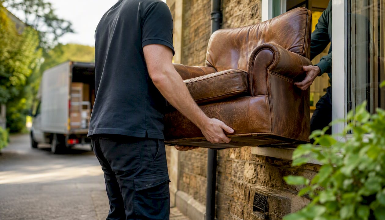 Passing sofa between movers by house entrance
