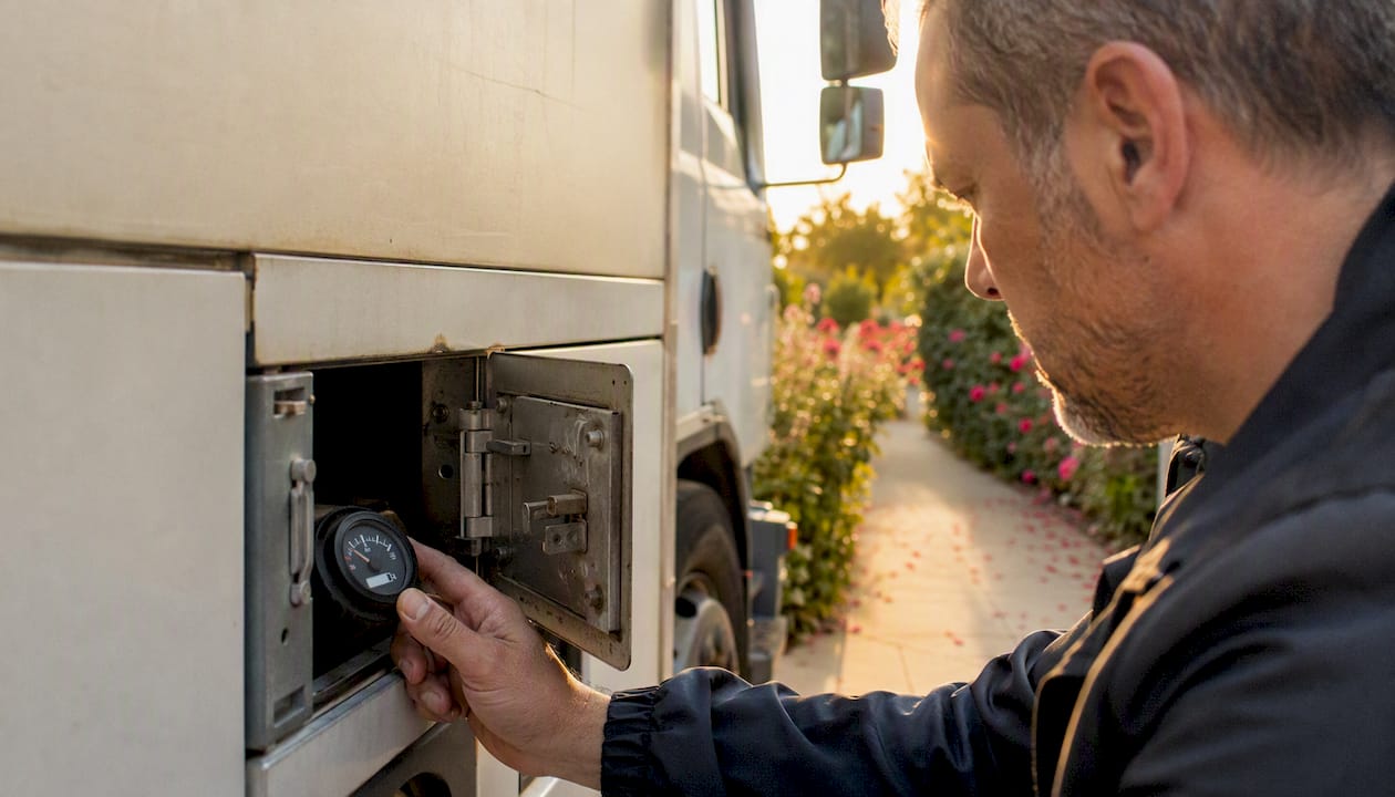 Driver checking moving truck tire pressure