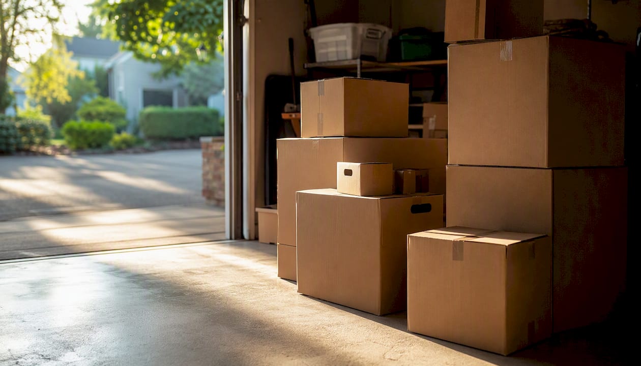 Stacked assorted moving boxes indoors