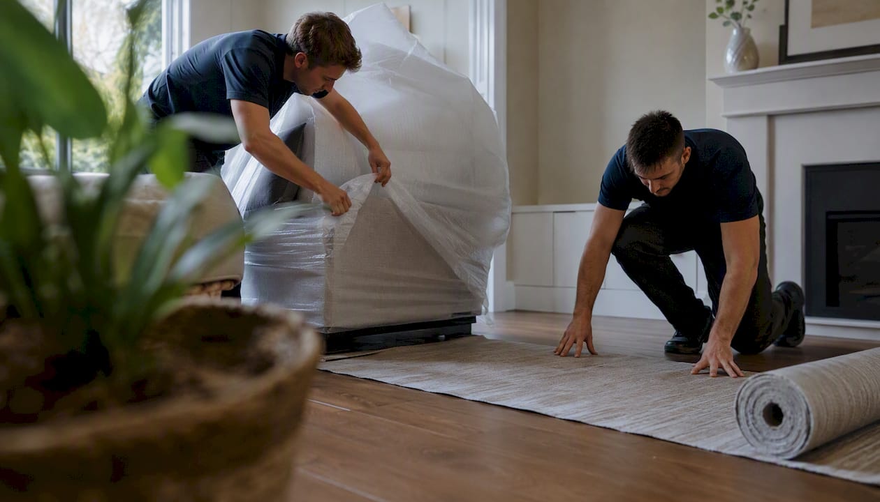 Two movers positioning sofa with protective gear