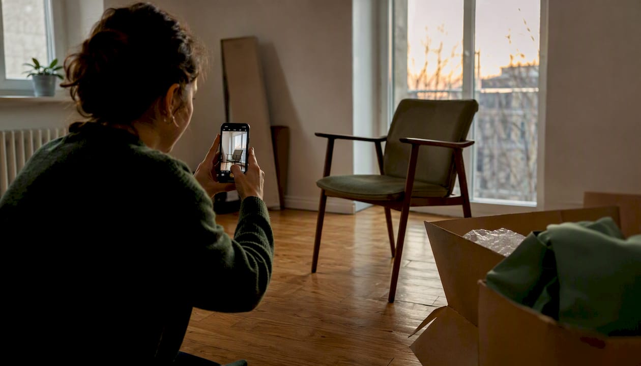 Hands photographing furniture before moving