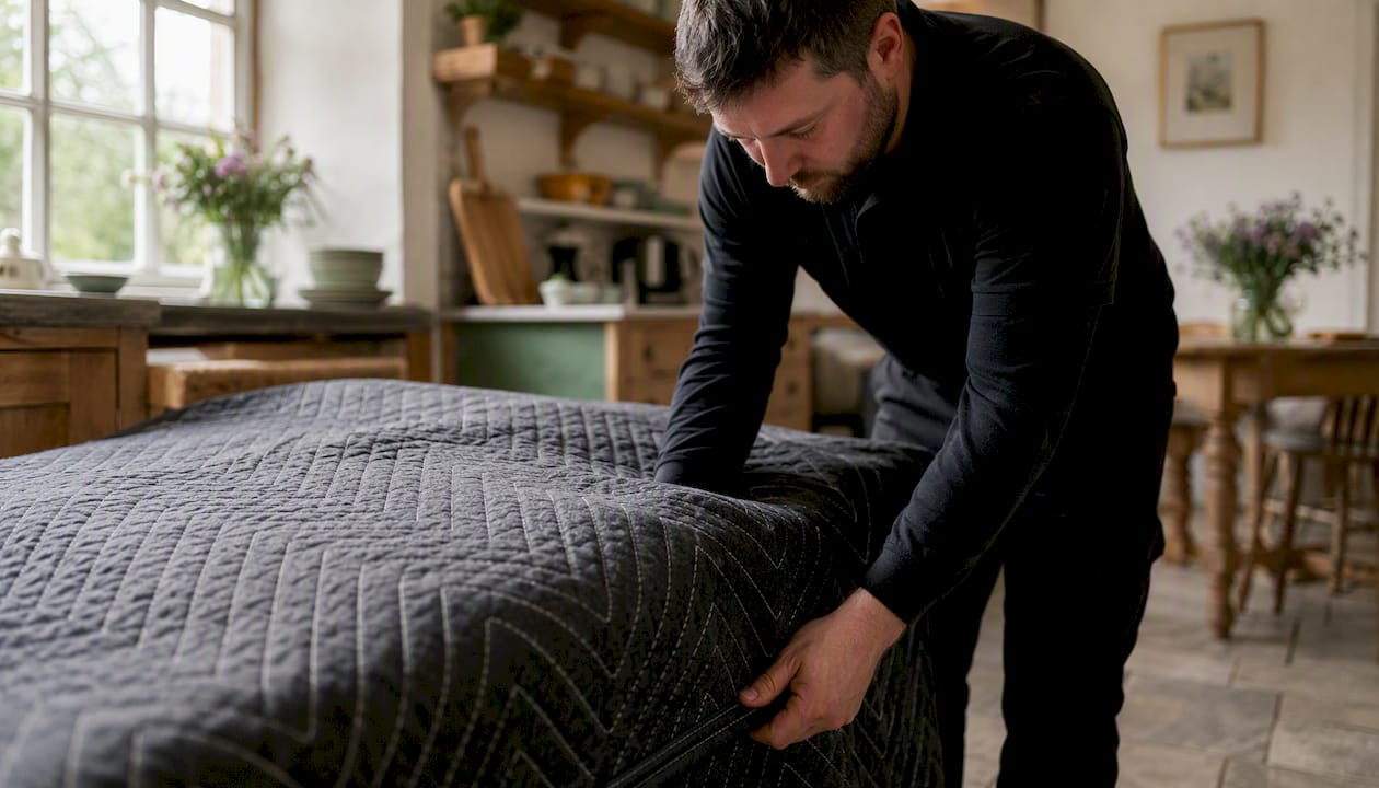 Mover wrapping furniture with quilted blanket