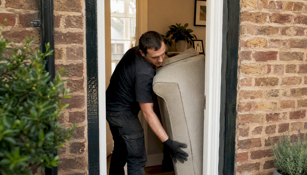 Mover carrying sofa through narrow doorway