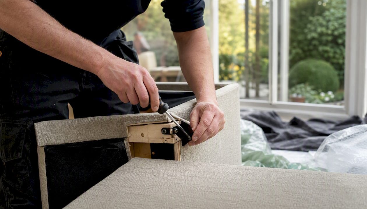 Mover disassembling sofa parts with tools