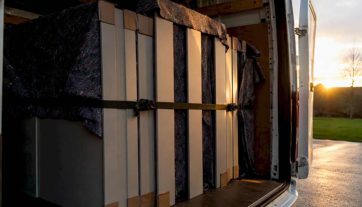 Wardrobe panels packed upright in moving van