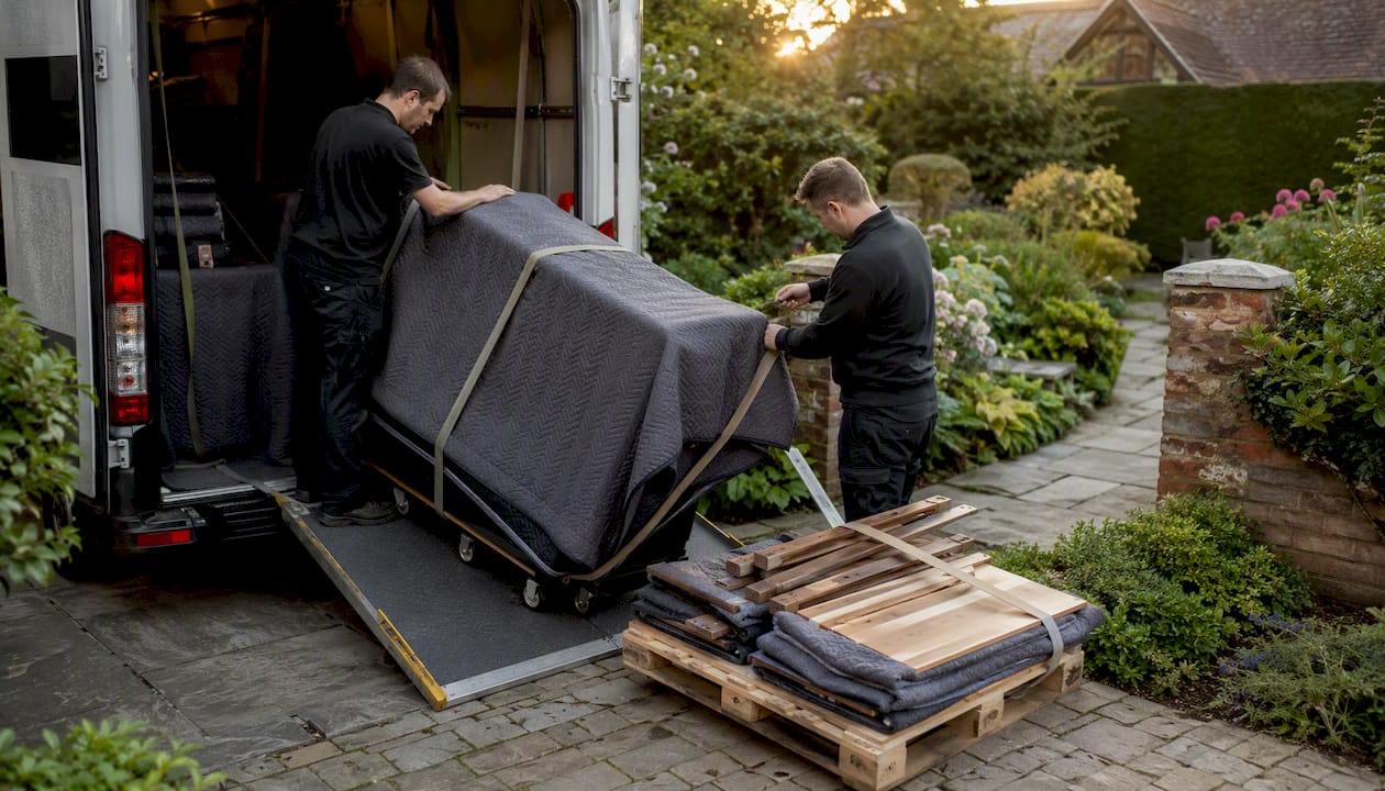 Moving crew handling piano and pallet