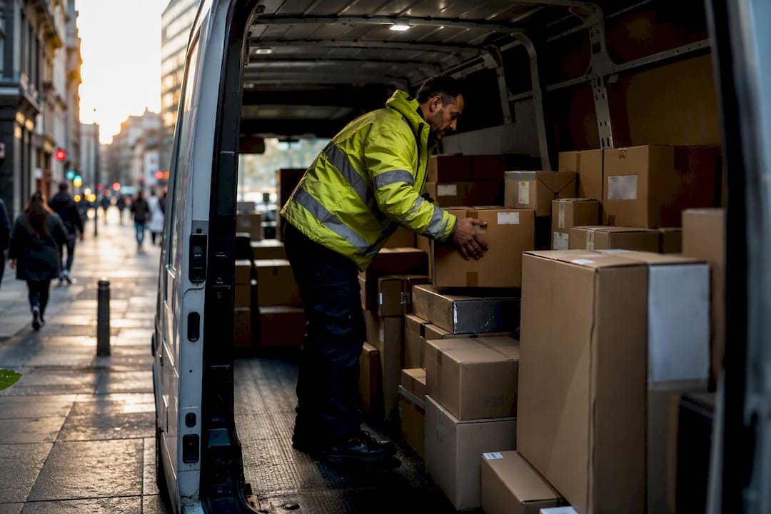 Driver arranging parcels in van for delivery