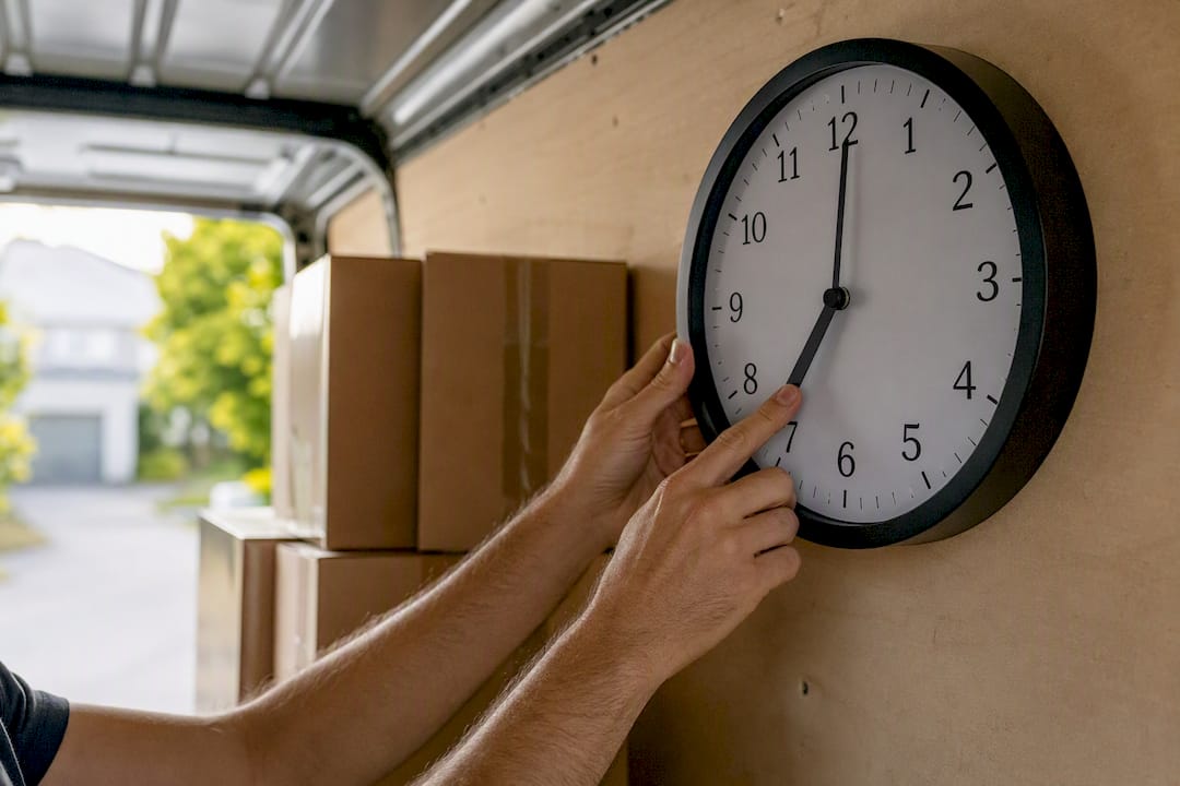Hands adjusting clock inside moving van