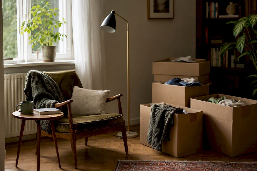 Decluttered living room with furniture and donation boxes