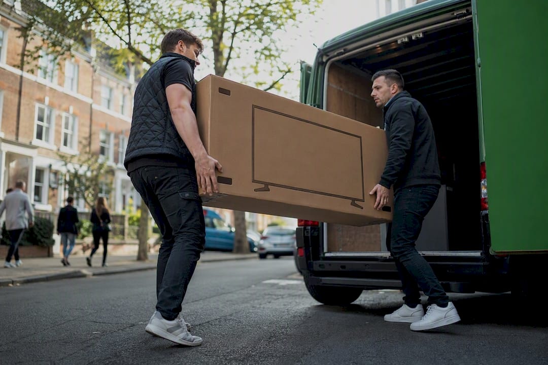 Two movers carrying boxed TV to van