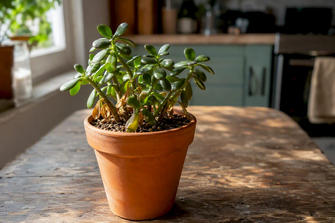 Potted plant with slightly yellow leaves indoors