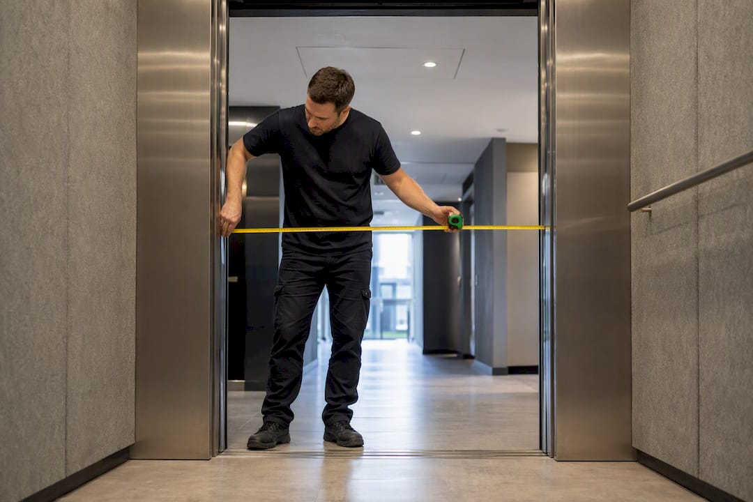 Worker measuring apartment service lift clearance
