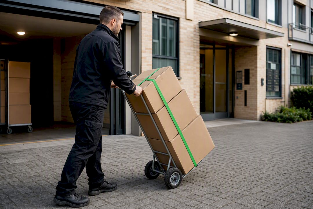 Trolley moving boxes from apartment loading bay