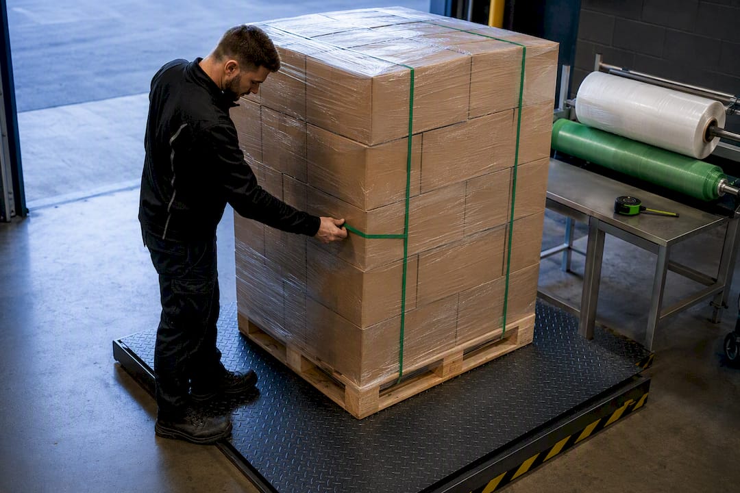 Finished pallet being weighed on floor scale