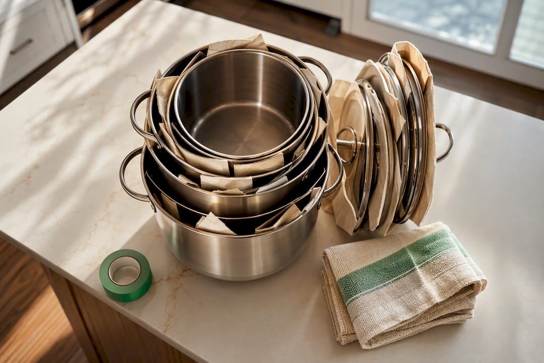 Nested pots with wrapped lids ready for packing