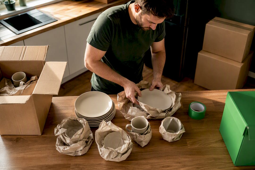 Kitchen crockery being packed for moving day
