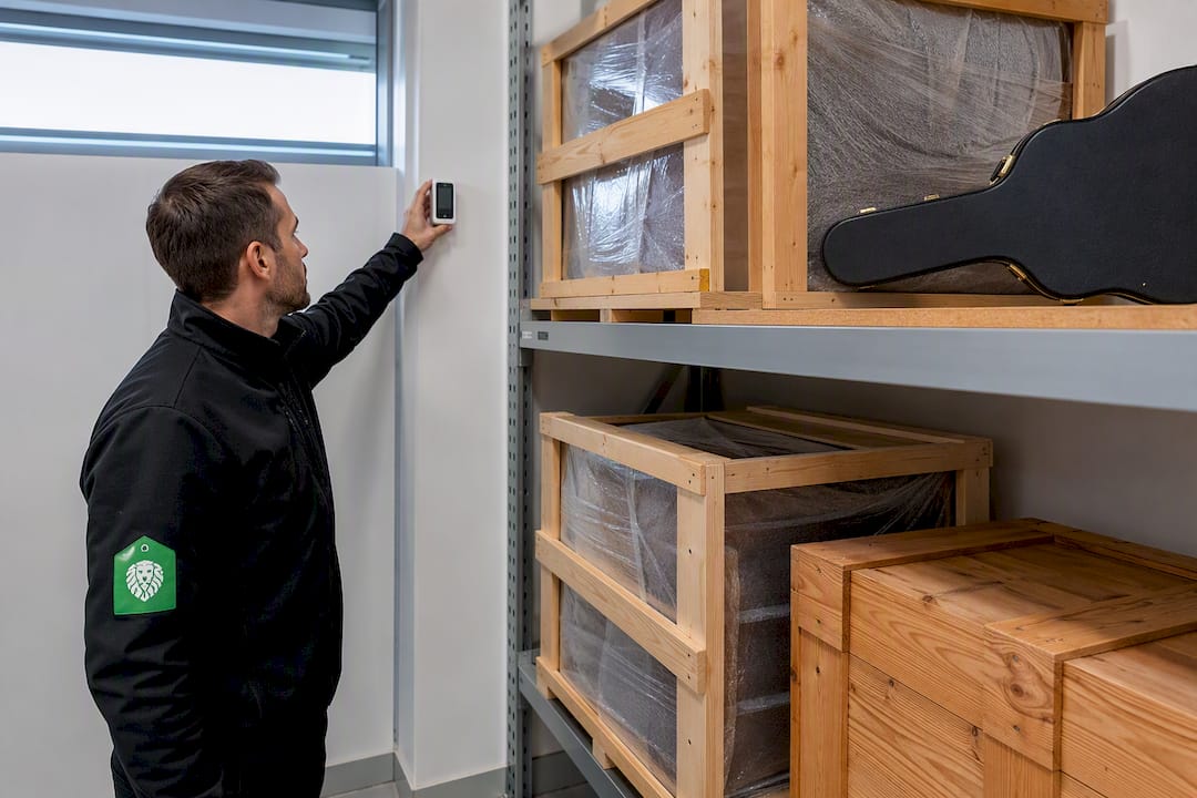 Crated belongings in climate-controlled storage