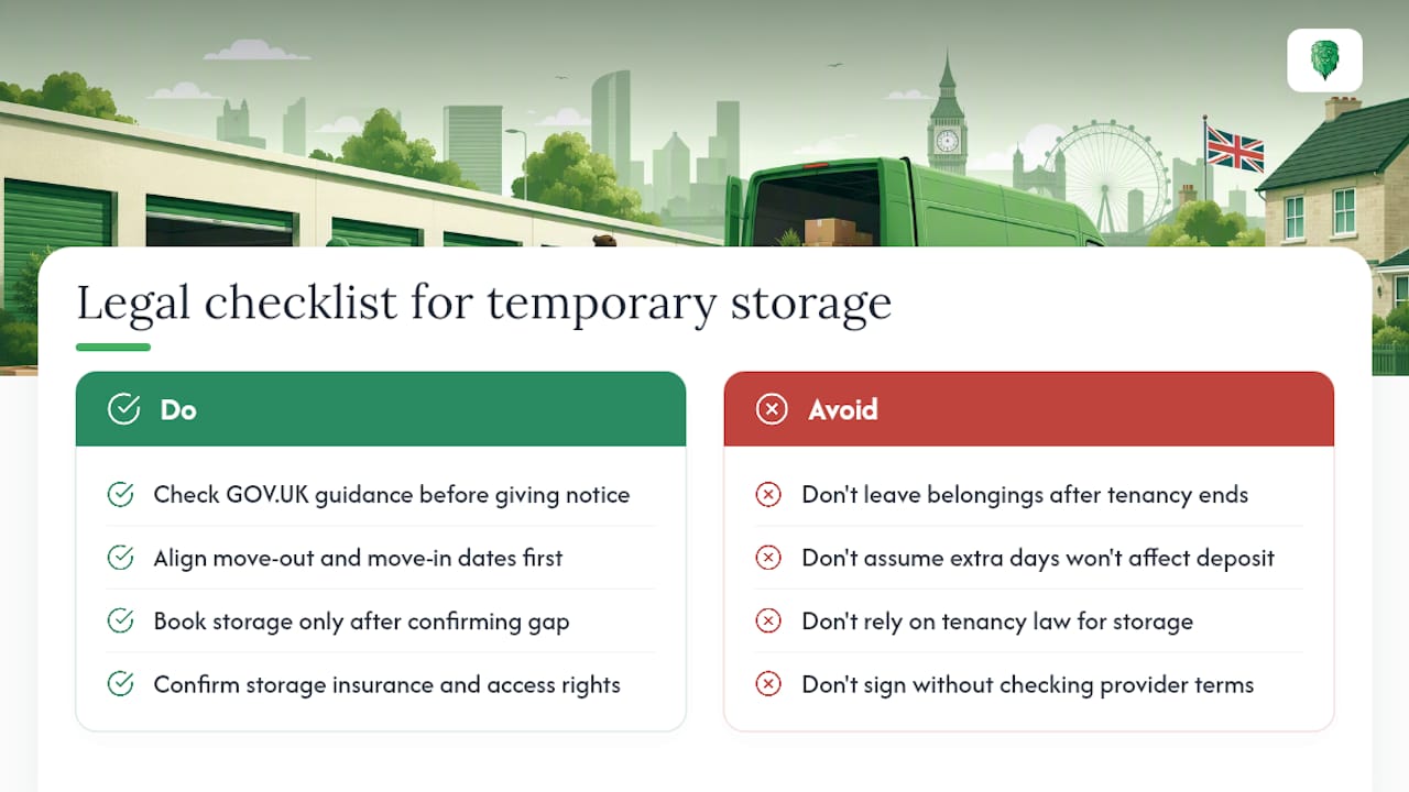 Legal regulations or tenancy rights related to temporary storage during moves in the UK — overview diagram