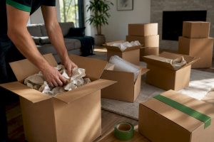 Moving boxes arranged through packing stages