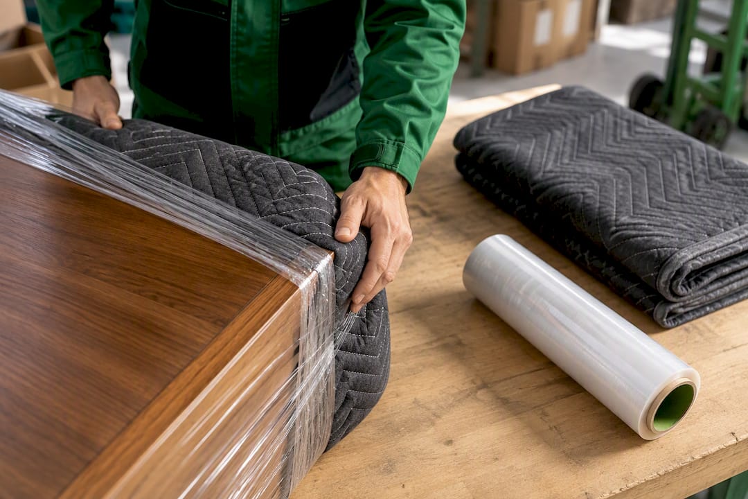 Quilted blanket beneath stretch film