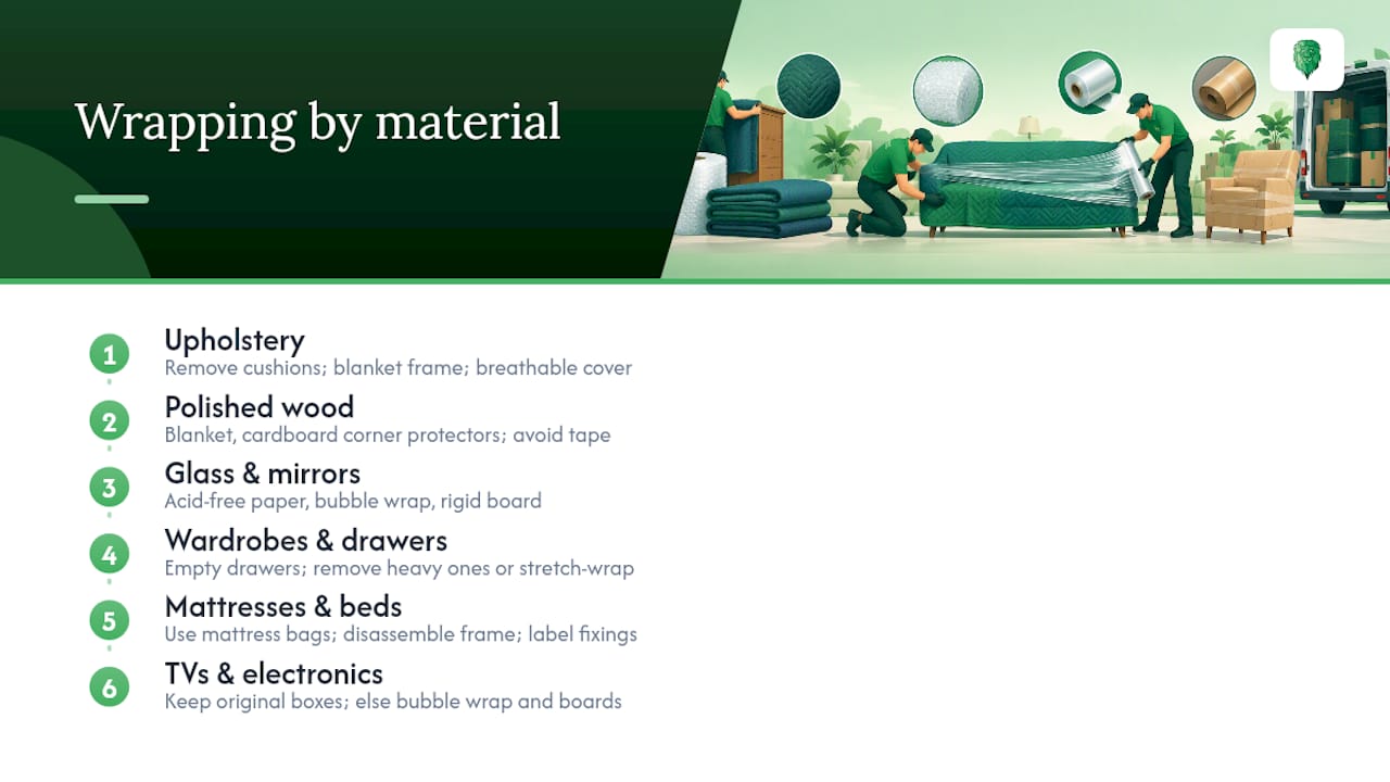 Furniture wrapping methods by material